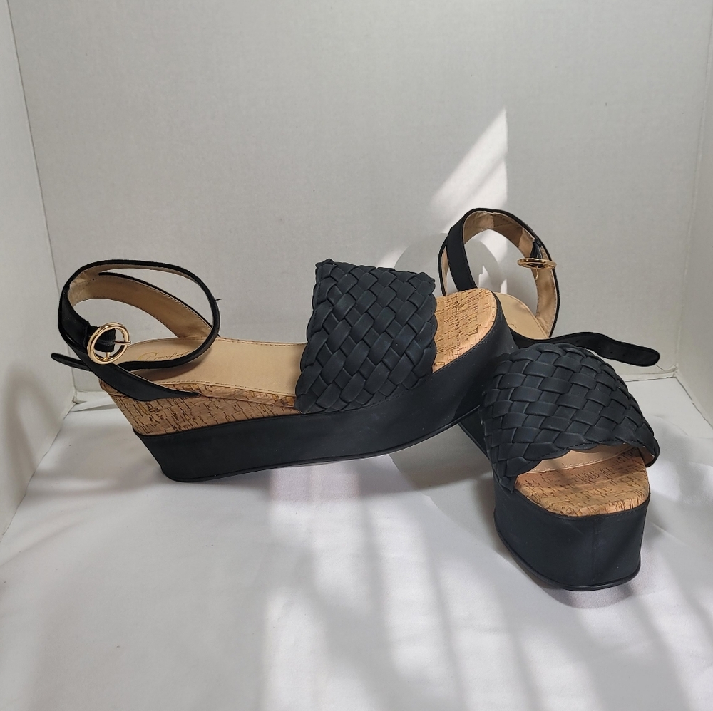 Black Woven Platform Sandals 11 Casual Strappy Wedge